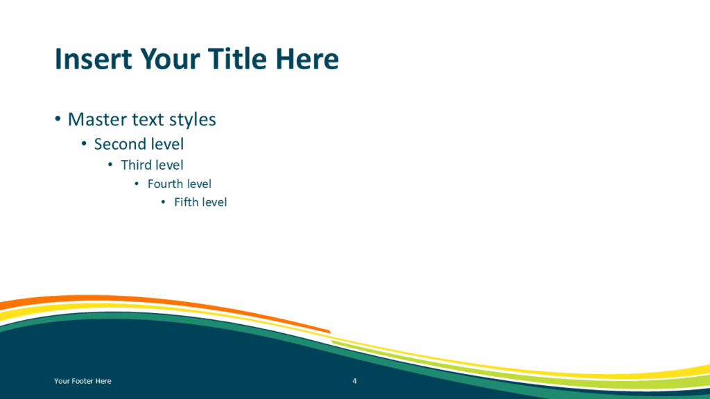 Spring Wave Teal Slide Template for PowerPoint PowerPoint presentation slide template with teal curved wave background and green orange accent stripes.