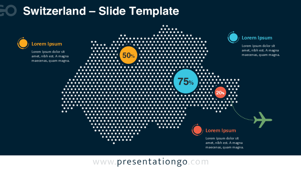 Switzerland Dotted Map Infographic PowerPoint Dark Background Switzerland dotted map infographic for PowerPoint with modern dot map visualization and editable markers for presenting geographic statistics in presentations.