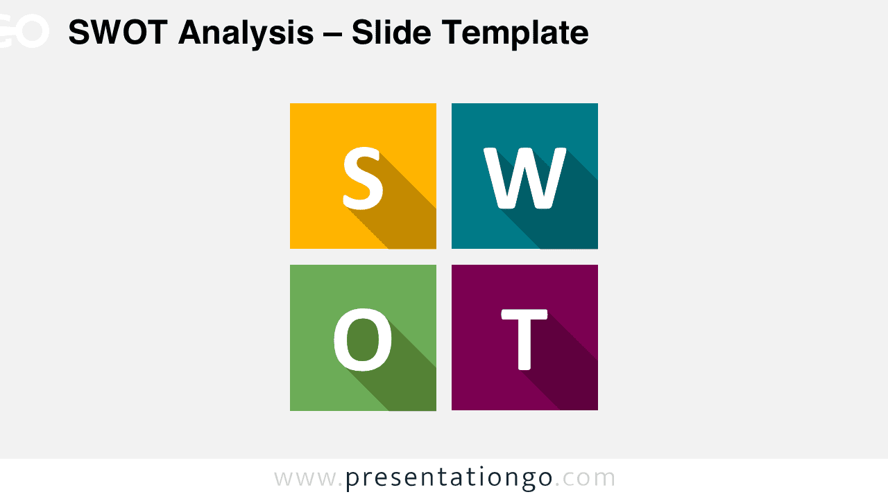 SWOT analysis slide with four colorful flat design squares labeled S W O T arranged in a 2x2 matrix for PowerPoint presentations