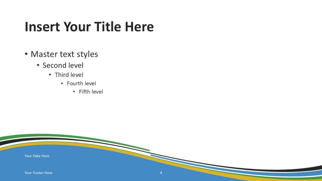 Tanzania Flag PowerPoint Template Blue Wave Slide Tanzania flag PowerPoint template slide with blue wave background and curved ribbon accents reflecting the Tanzanian flag theme.