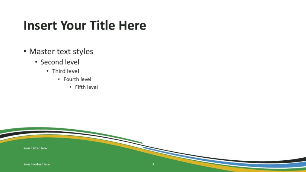 Tanzania Flag PowerPoint Template Green Wave Slide Tanzania flag PowerPoint template slide with green wave background and curved ribbon lines reflecting the Tanzanian flag colors.