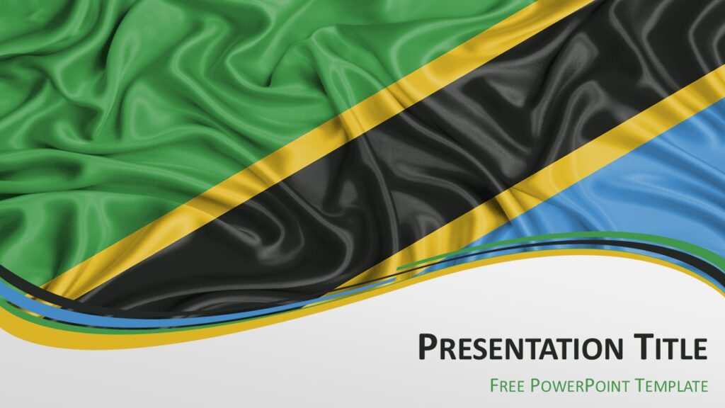 Tanzania flag PowerPoint template cover slide with waving Tanzanian flag background and curved wave design for presentation slides.