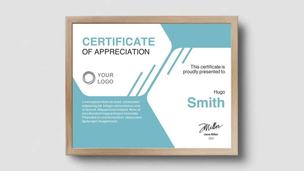 Teal appreciation certificate template for PowerPoint and Google Slides with clean minimalist layout and modern geometric design for professional awards.