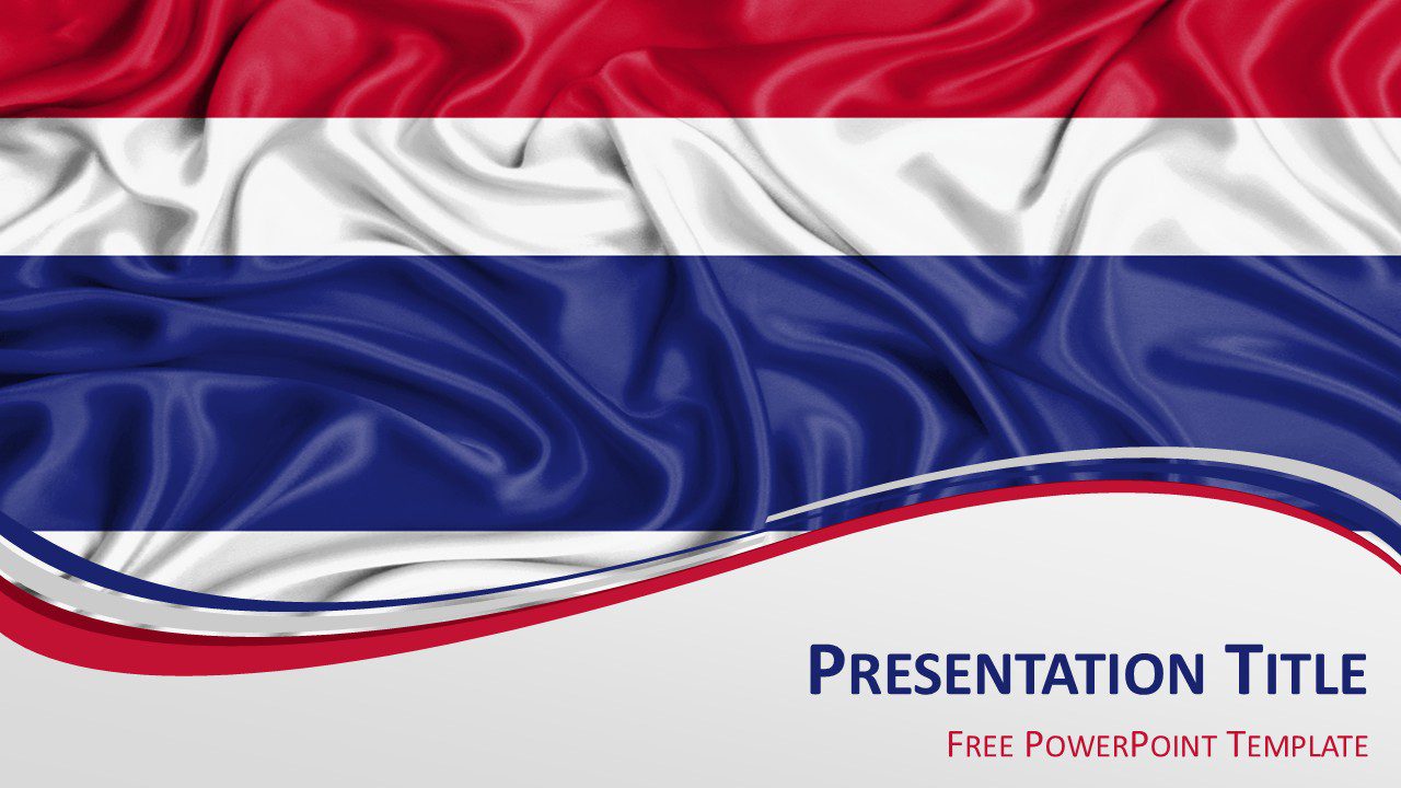 Thailand flag PowerPoint template with waving Thai flag background and abstract red white blue wave design for presentations.