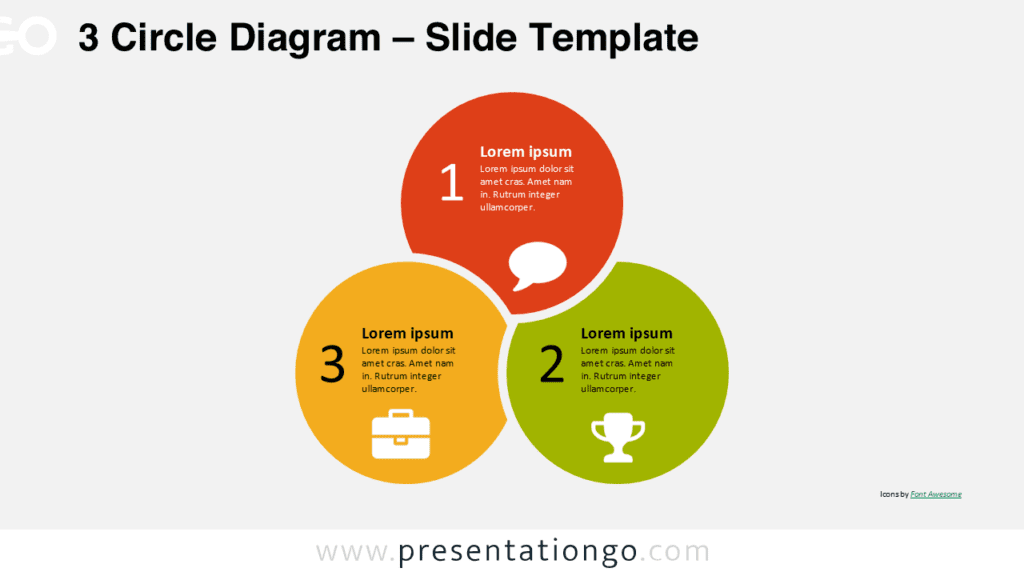 Three circle PowerPoint diagram with interconnected full circular shapes showing options, steps, or process relationships.
