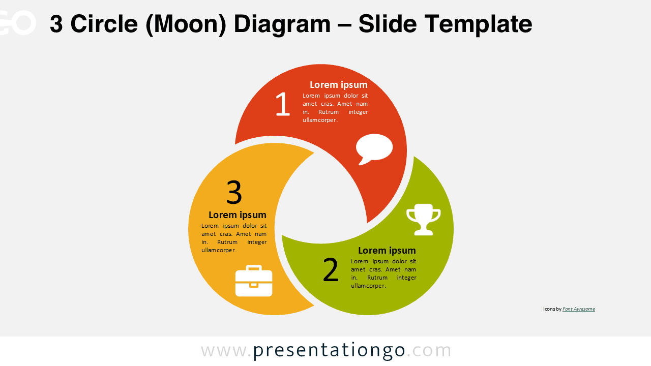 Three crescent moon circle diagram for PowerPoint showing interconnected circular shapes for steps, options, or process flow.