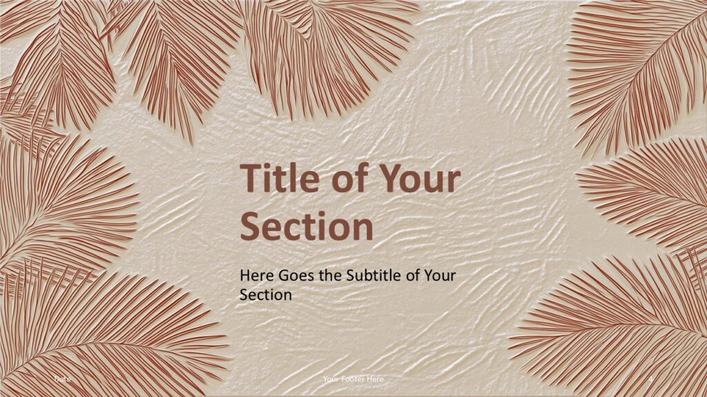 Tropical Serenity Section Divider PowerPoint Google Slides Tropical Serenity section divider slide for PowerPoint and Google Slides with centered title subtle texture and palm leaf accents