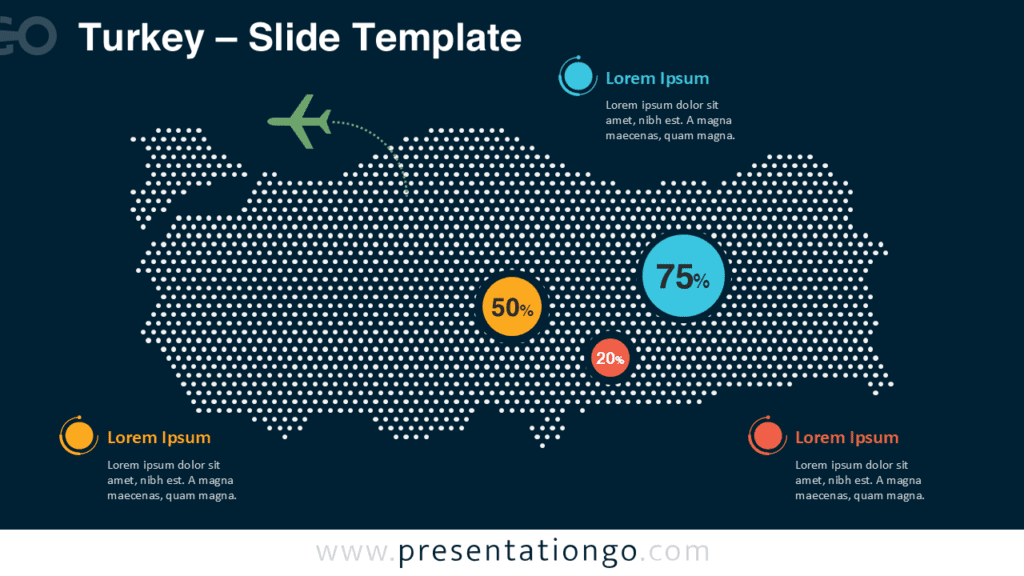 Turkey Dotted Map Infographic PowerPoint Dark Background Turkey dotted map infographic for PowerPoint with modern dot map visualization and editable markers for presenting geographic statistics in presentations.