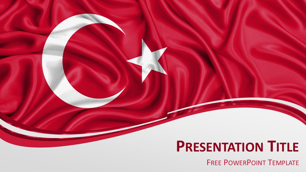 Turkey flag PowerPoint template with waving red Turkish flag featuring white crescent and star with flowing wave design.