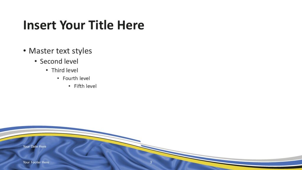 Ukraine Flag PowerPoint Template Blue Wave Slide Ukraine flag PowerPoint template slide with blue wave background and curved ribbon accents reflecting Ukrainian flag theme.