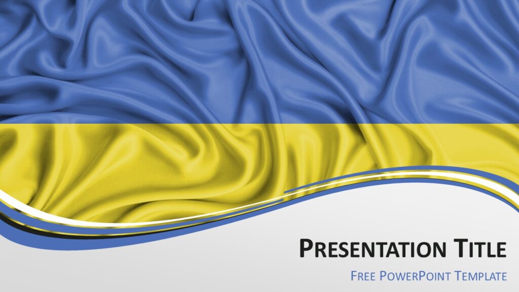 Ukraine flag PowerPoint template cover slide with waving Ukrainian flag background and curved ribbon wave design.
