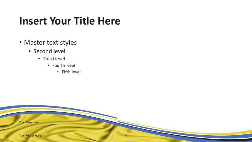 Ukraine Flag PowerPoint Template Yellow Wave Slide Ukraine flag PowerPoint template slide with yellow wave background and curved ribbon accents reflecting Ukrainian flag theme.