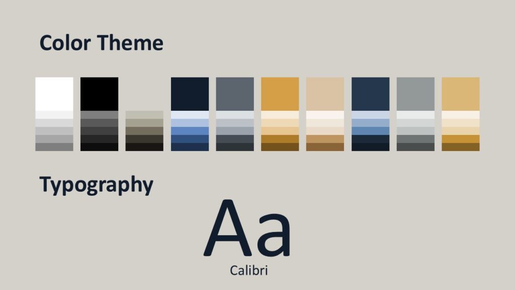 Urban Skyline PowerPoint and Google Slides template color palette and typography slide showing corporate colors and Calibri font.