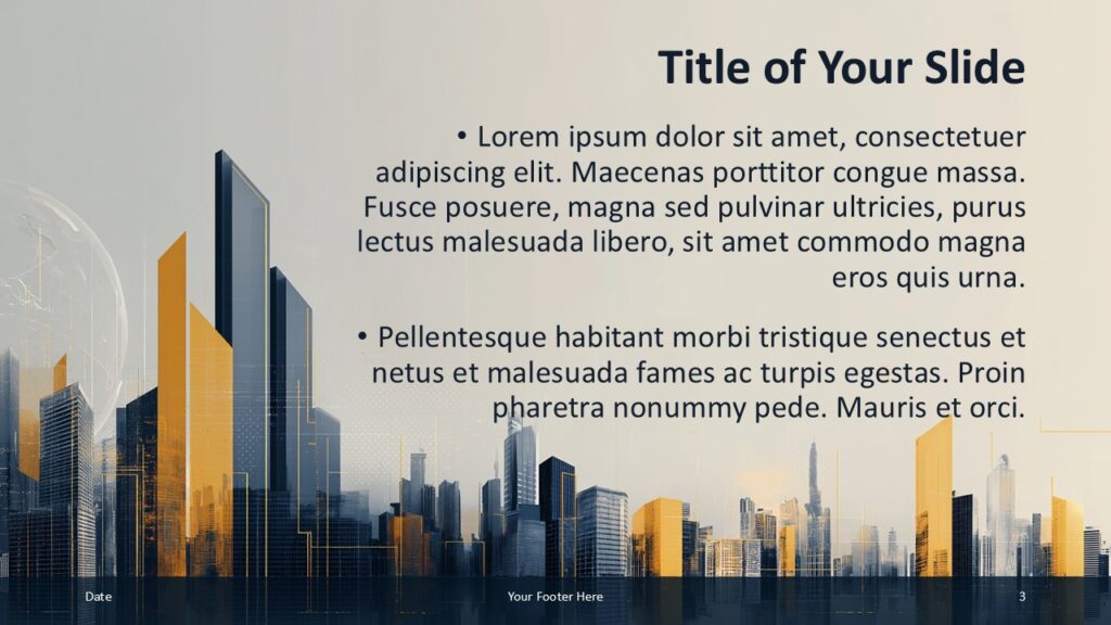 Urban Skyline presentation template for PowerPoint and Google Slides with centered text layout and modern skyline background.