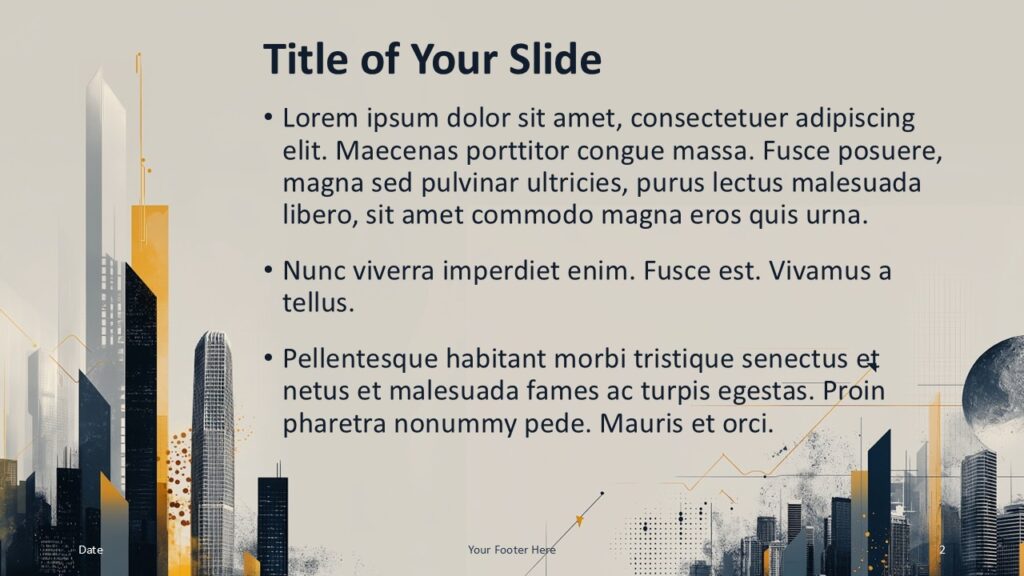 Urban Skyline PowerPoint and Google Slides template slide with structured content layout and modern architectural skyline illustration.