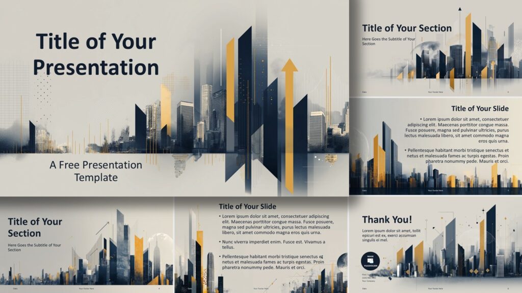 Urban Skyline presentation template for PowerPoint and Google Slides showing complete slide collection with modern city skyline design.