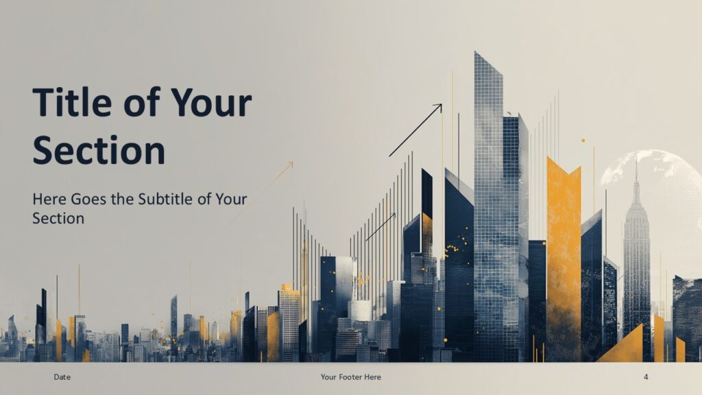 Urban Skyline PowerPoint and Google Slides template section divider slide with city skyline graphics and bold title area.