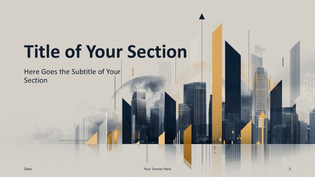 Urban Skyline presentation template section slide for PowerPoint and Google Slides featuring modern skyline illustration.