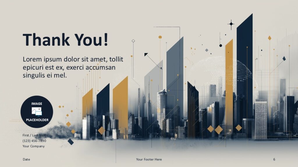 Urban Skyline PowerPoint and Google Slides template thank you slide with professional skyline graphics and contact information layout.