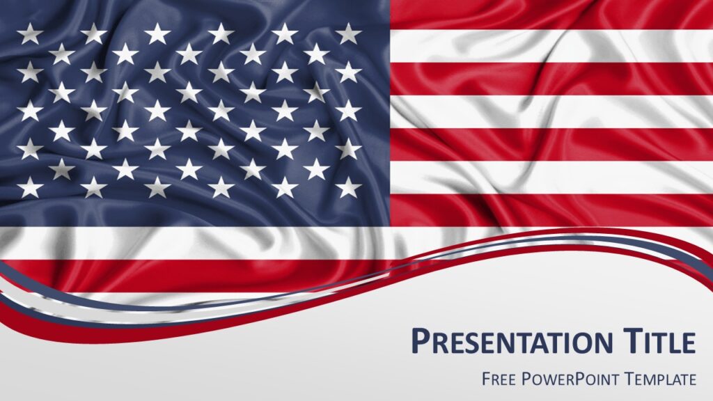 United States flag PowerPoint template with waving American flag and elegant red white and blue wave design for presentations.
