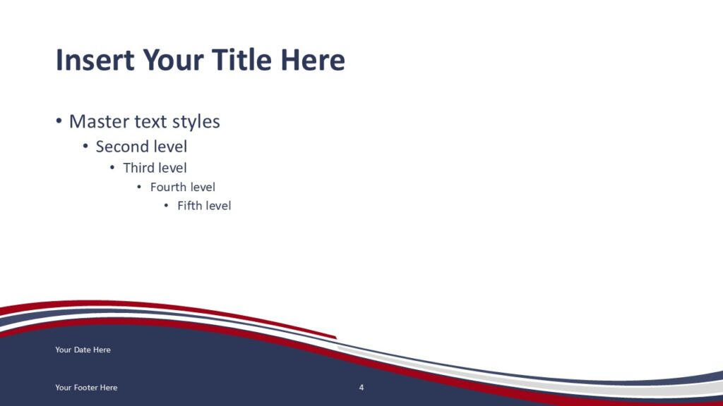 Patriotic USA Slide Template for PowerPoint Patriotic PowerPoint slide template with United States flag colors and elegant wave design for presentations.
