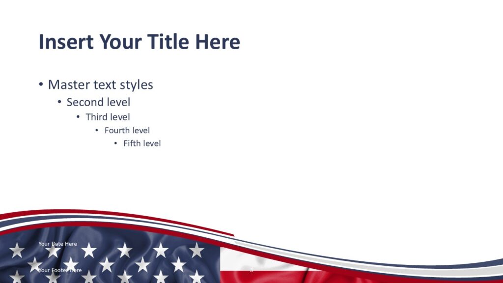 USA Stars and Stripes Slide Template for PowerPoint PowerPoint slide template featuring the American flag stars and stripes with red white and blue wave design.