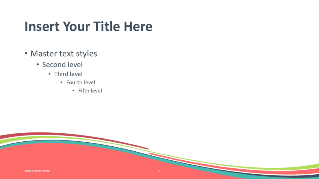 Verdigris Wave Coral Slide Template for PowerPoint PowerPoint slide template with coral curved wave background and verdigris striped accents for presentations.