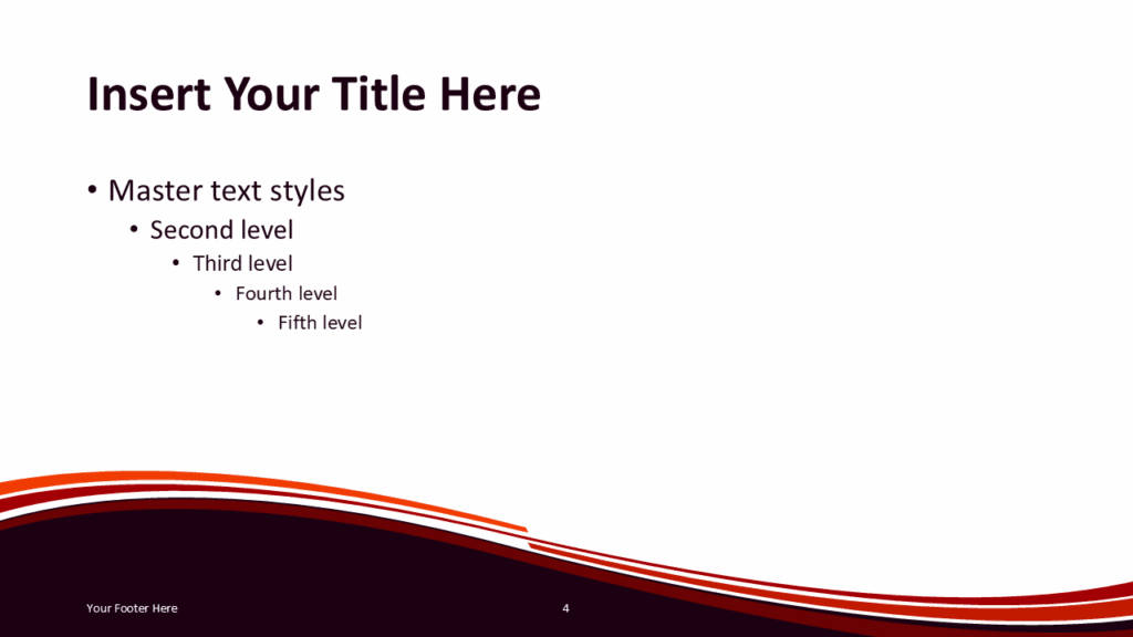 Vermilion Wave Dark Slide Template for PowerPoint PowerPoint presentation slide template with dark curved wave background and vermilion stripe accents.