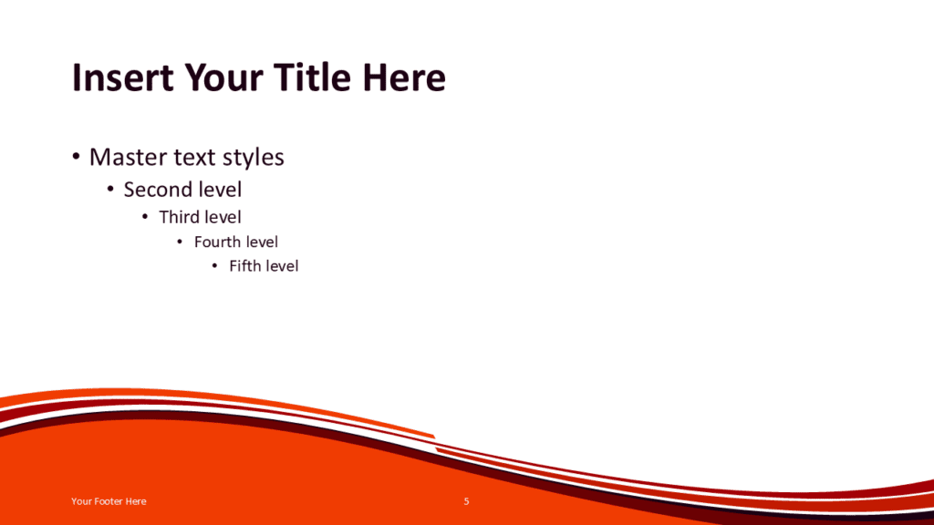 Vermilion Wave Orange Slide Template for PowerPoint PowerPoint slide template with orange curved wave background and layered vermilion stripe accents for presentations.