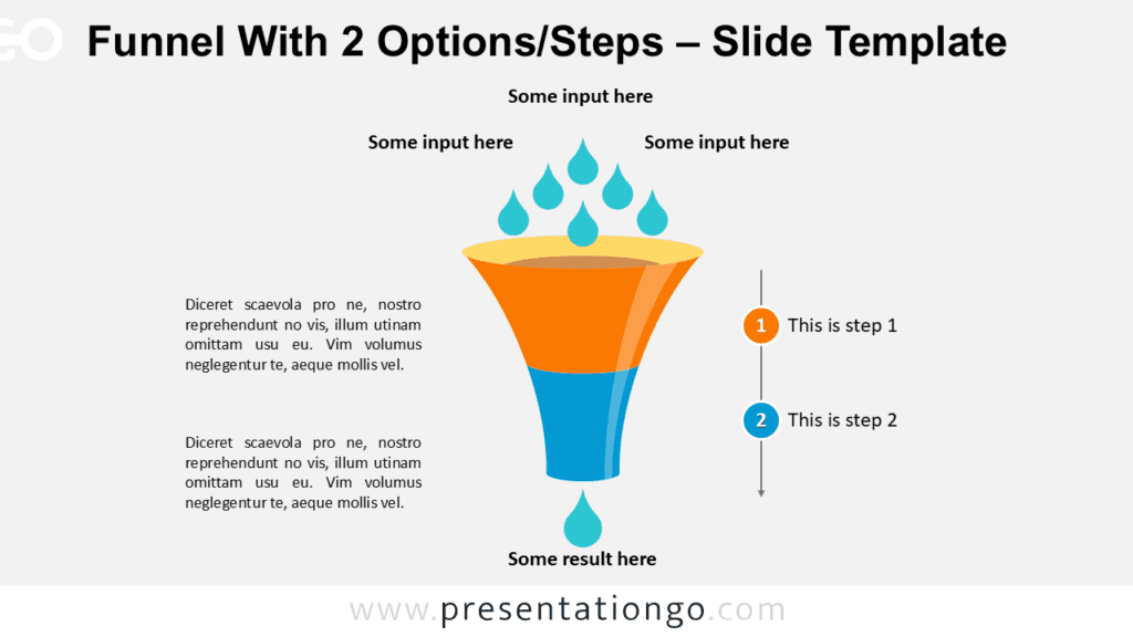 Editable vertical funnel diagram for PowerPoint with two stages and drops entering the top, illustrating a simple filtering process and conversion flow.