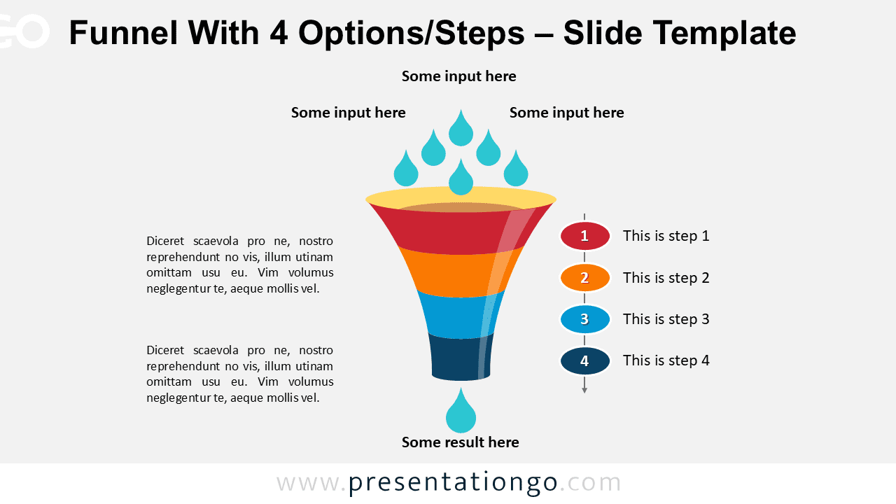 Editable vertical funnel diagram for PowerPoint with four stages and drops entering the top, illustrating filtering process and conversion flow.