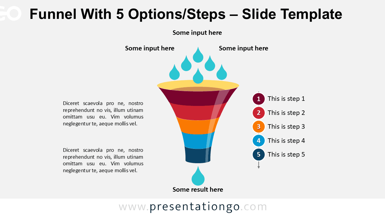 Editable vertical funnel diagram for PowerPoint with five stages and drops entering the top, illustrating filtering process and conversion flow.