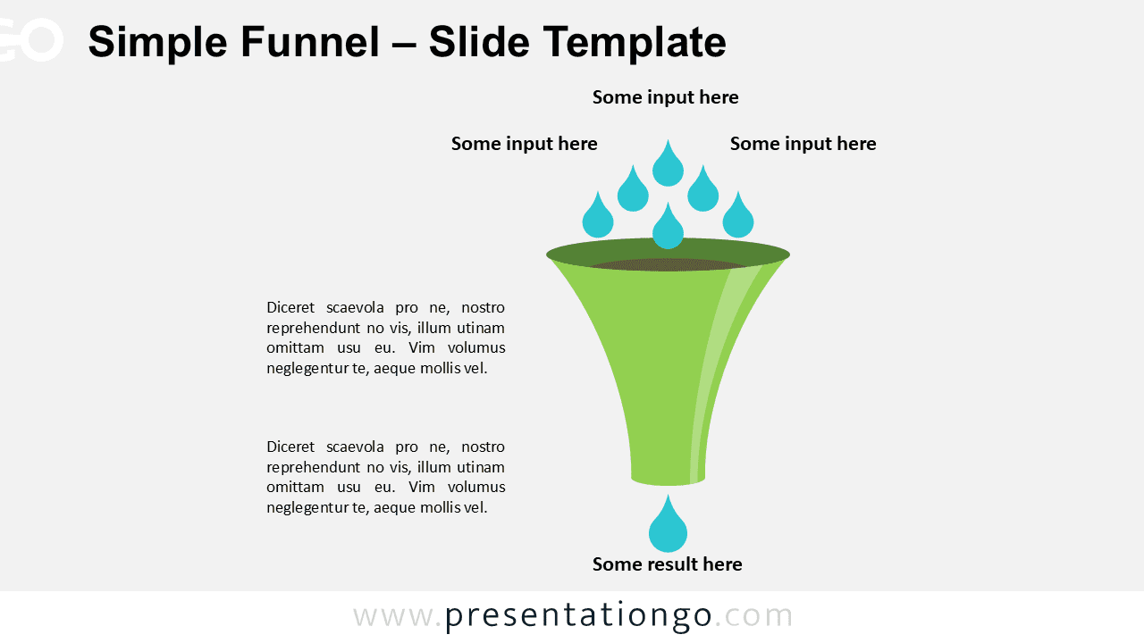 Editable vertical funnel diagram for PowerPoint with drops entering the top and’ converting into a single result, illustrating a marketing conversion process.