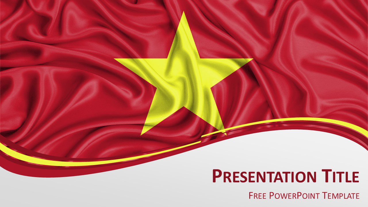Vietnam flag PowerPoint template featuring waving red Vietnamese flag with yellow star and elegant wave design.