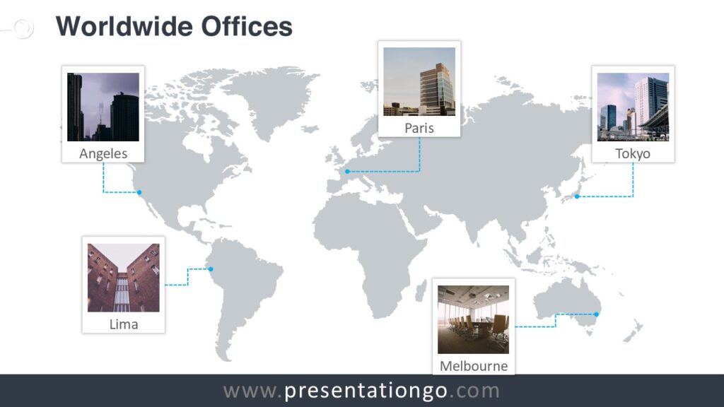World map offices template for PowerPoint showing global office locations with polaroid photo frames connected to cities worldwide.