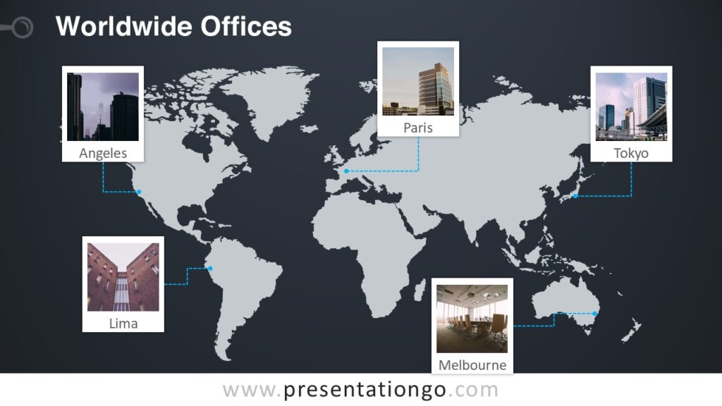 World Map Offices Template for PowerPoint Dark Slide World map offices template for PowerPoint on dark background with polaroid photo frames highlighting global office locations.
