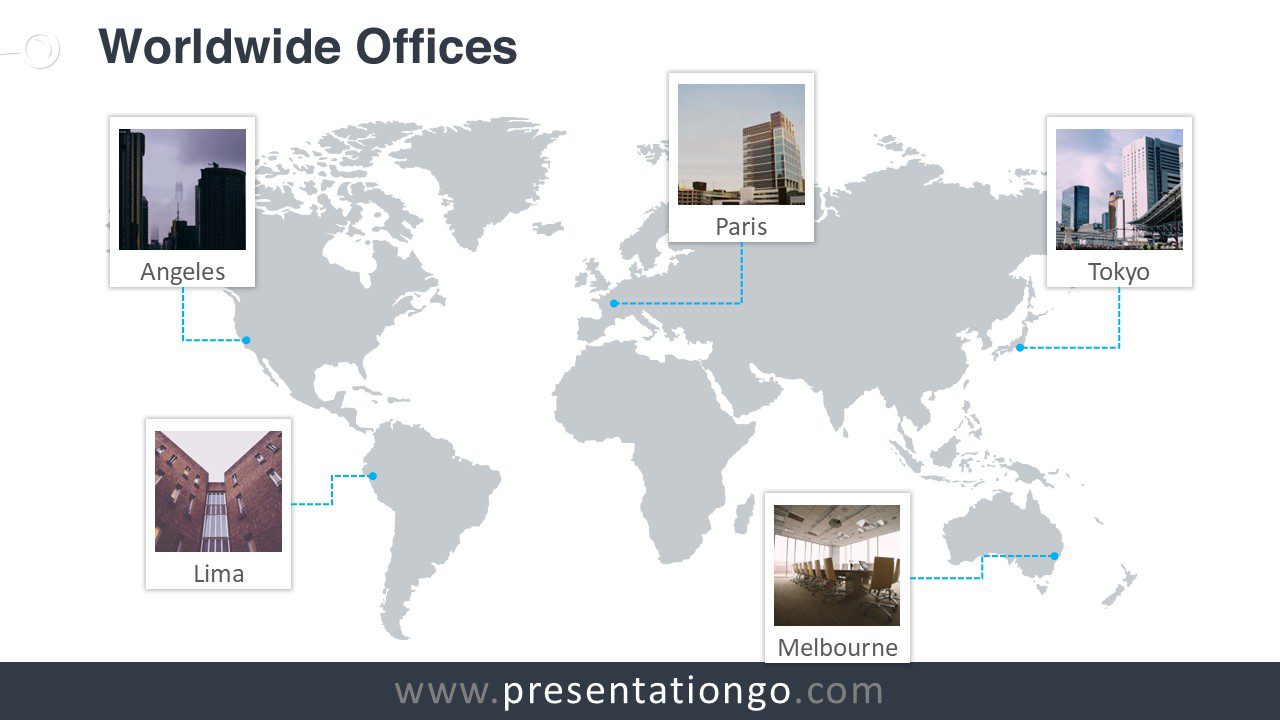 World map offices template for PowerPoint showing global office locations with polaroid photo frames connected to cities worldwide.