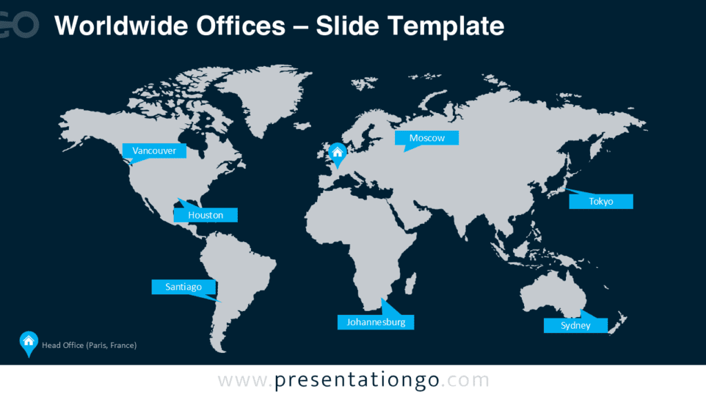 Worldwide Offices World Map for PowerPoint Dark Slide Worldwide offices world map for PowerPoint on dark background with labeled global office locations connected to continents.