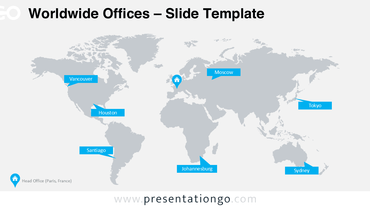 Worldwide offices world map for PowerPoint showing global locations with callout labels for cities across North America, Europe, Asia, Africa and Australia.