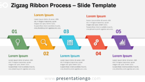 Zigzag Ribbon Process diagram for PowerPoint and Google Slides showing a 5-step workflow with colorful segments and editable icons.