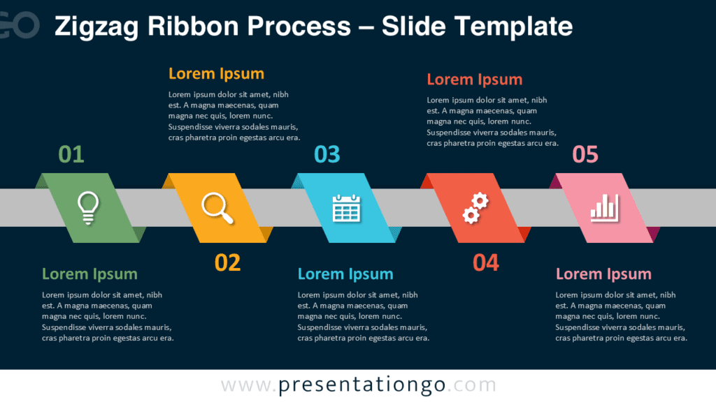 Zigzag Ribbon Process Dark Background PowerPoint Zigzag Ribbon Process diagram for PowerPoint with dark background design, showing a five-step workflow and colorful ribbon segments.
