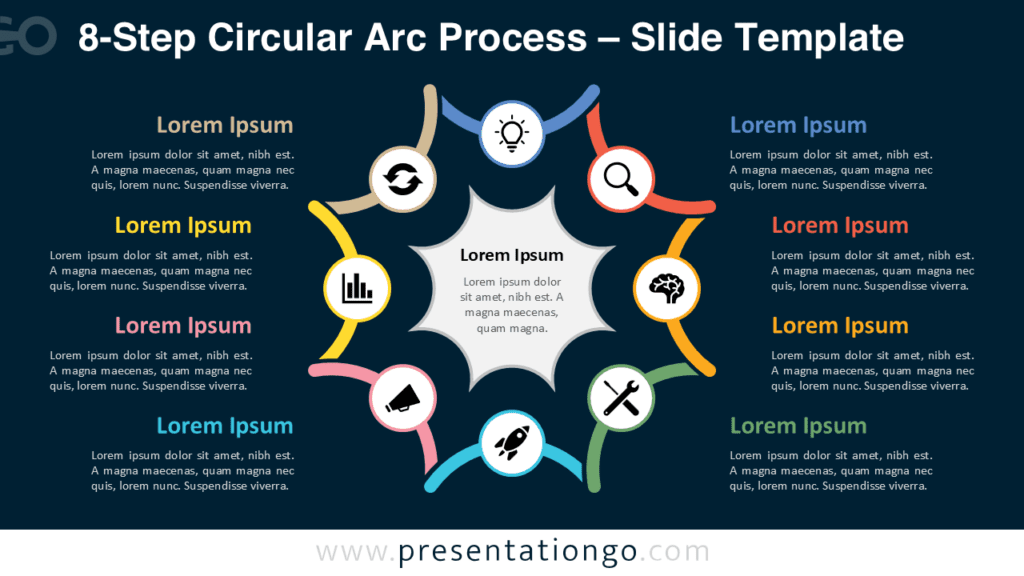 8-Step Circular Arc Process Diagram for PowerPoint 8-step circular arc process PowerPoint diagram with eight connected steps, circular structure, and editable icons for Google Slides presentations