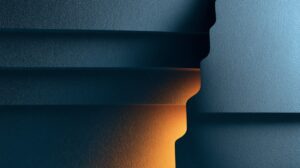 Extreme macro view of a textured metallic surface with blue and orange lighting in a modern industrial style.