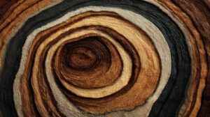 Close-up of abstract tree rings with layered wood grain in brown, cream, and black tones.