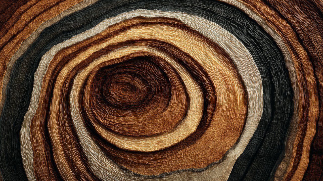 Close-up of abstract tree rings with layered wood grain in brown, cream, and black tones.
