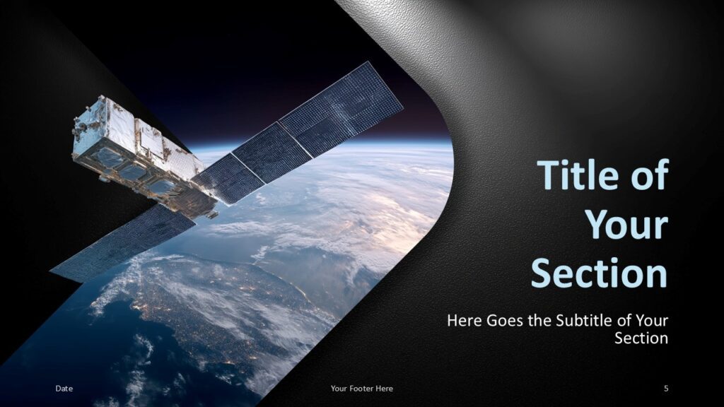 Aerospace Horizon PowerPoint section slide for Google Slides with bold heading, satellite visual, and polished divider.