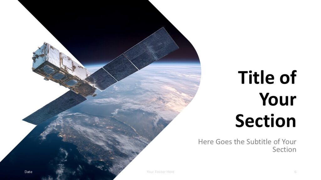 Aerospace Horizon PowerPoint section slide for Google Slides with clear heading, space image, and elegant divider layout.