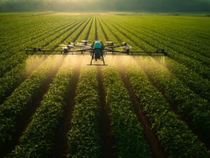 Agricultural spray drone flying above green crop rows, applying mist across a large precision farming field.