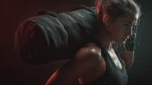 Athletic woman carrying a heavy training sandbag during an intense strength workout in a dark gym setting.