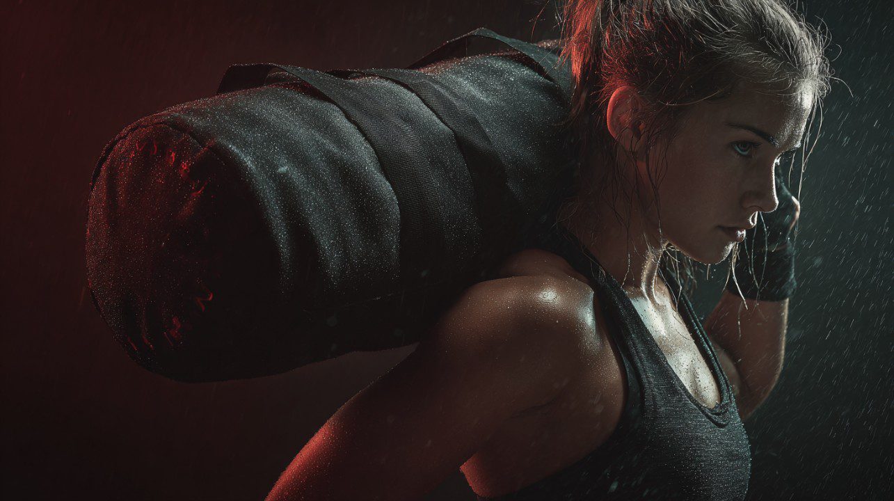 Athletic woman carrying a heavy training sandbag during an intense strength workout in a dark gym setting.
